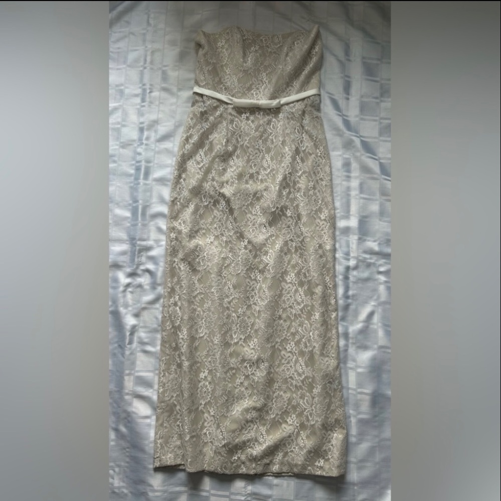 Alfred Angelo Strapless Empire Waist Champagne Underlay White Lace Overlay Dress - Picture 17 of 17